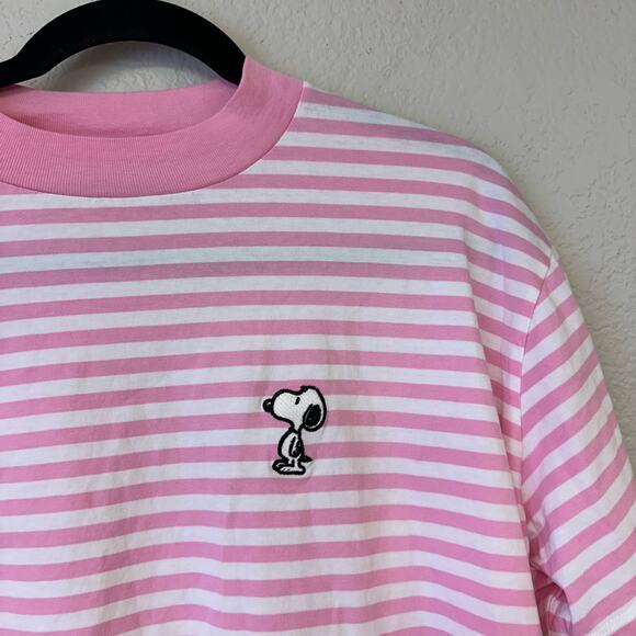 Lazy Oaf X Peanuts Stripe Crew Neck Snoopy Short Sleeve Tee Pink Size Small - Picture 2 of 7